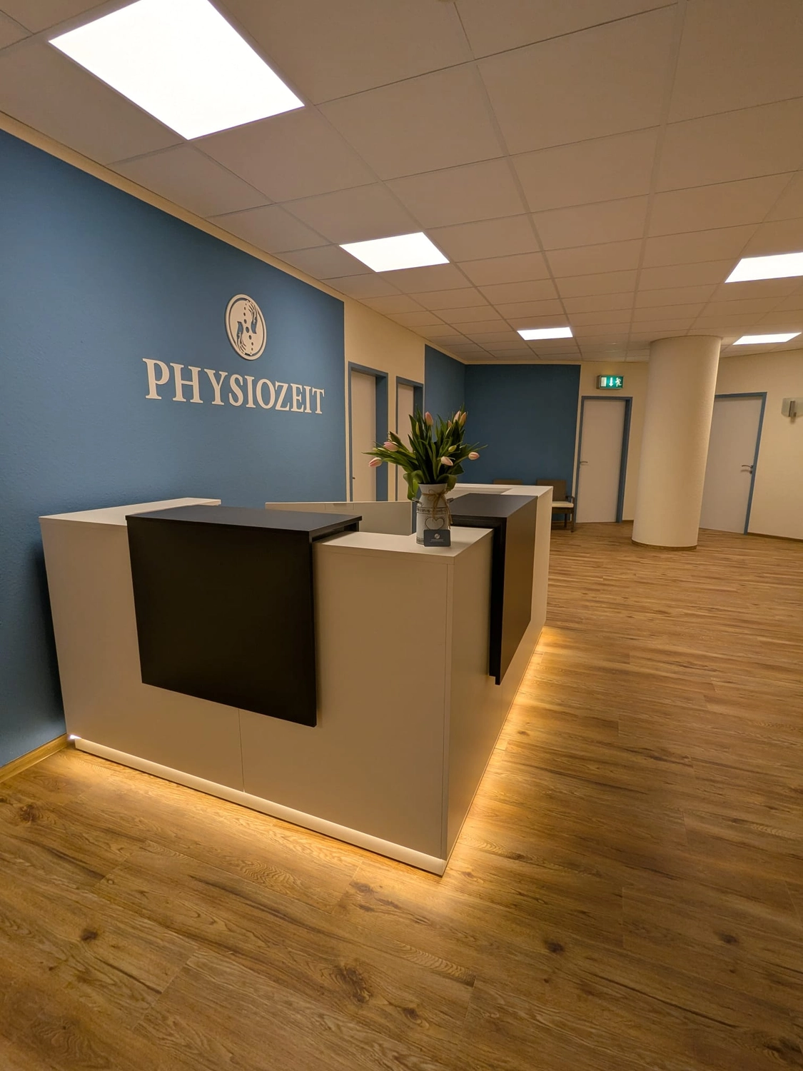 PHYSIOZEIT GbR - physiotherapeutischen Behandlungen - Ein moderner Büroempfangsbereich mit Schreibtisch und Pflanze.